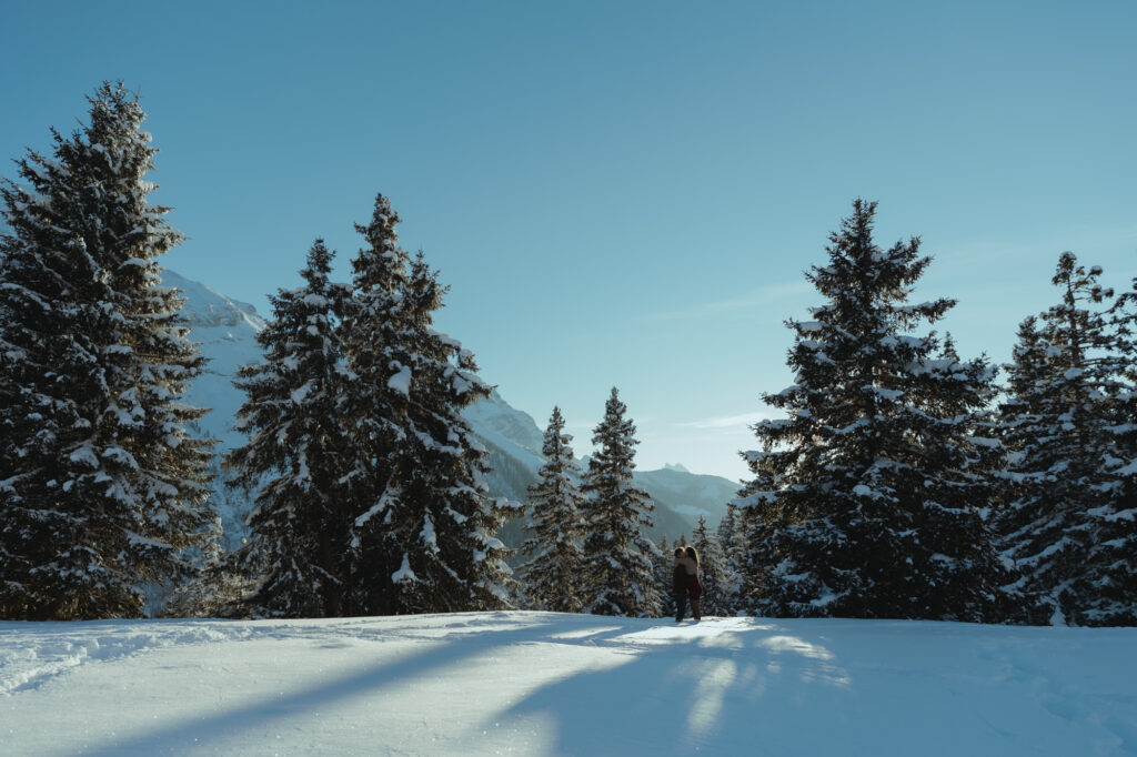 couple session in the mountains of Switzerland, during winter.